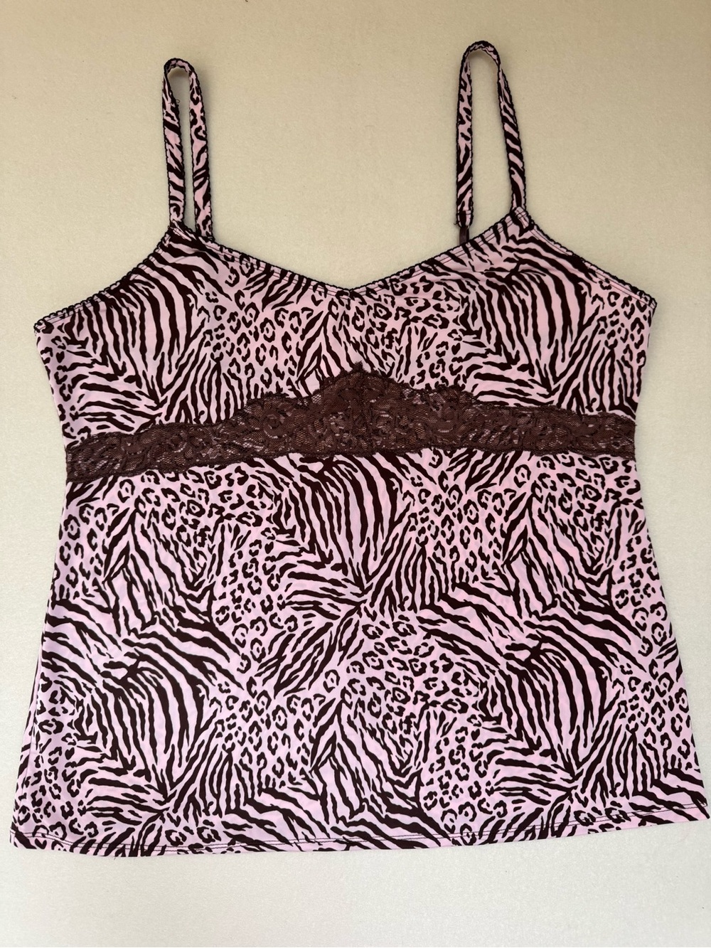 Josie Natori Pink Animal Print Lace Trim V-Neck Camisole Y2K Vibes Large
